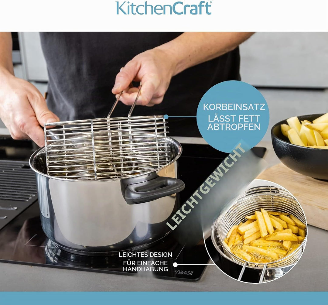 KitchenCraft Grosser Pommes Kochtopf mit Frittierkorb und Deckel, Fritteuse Topf für alle Herdarten