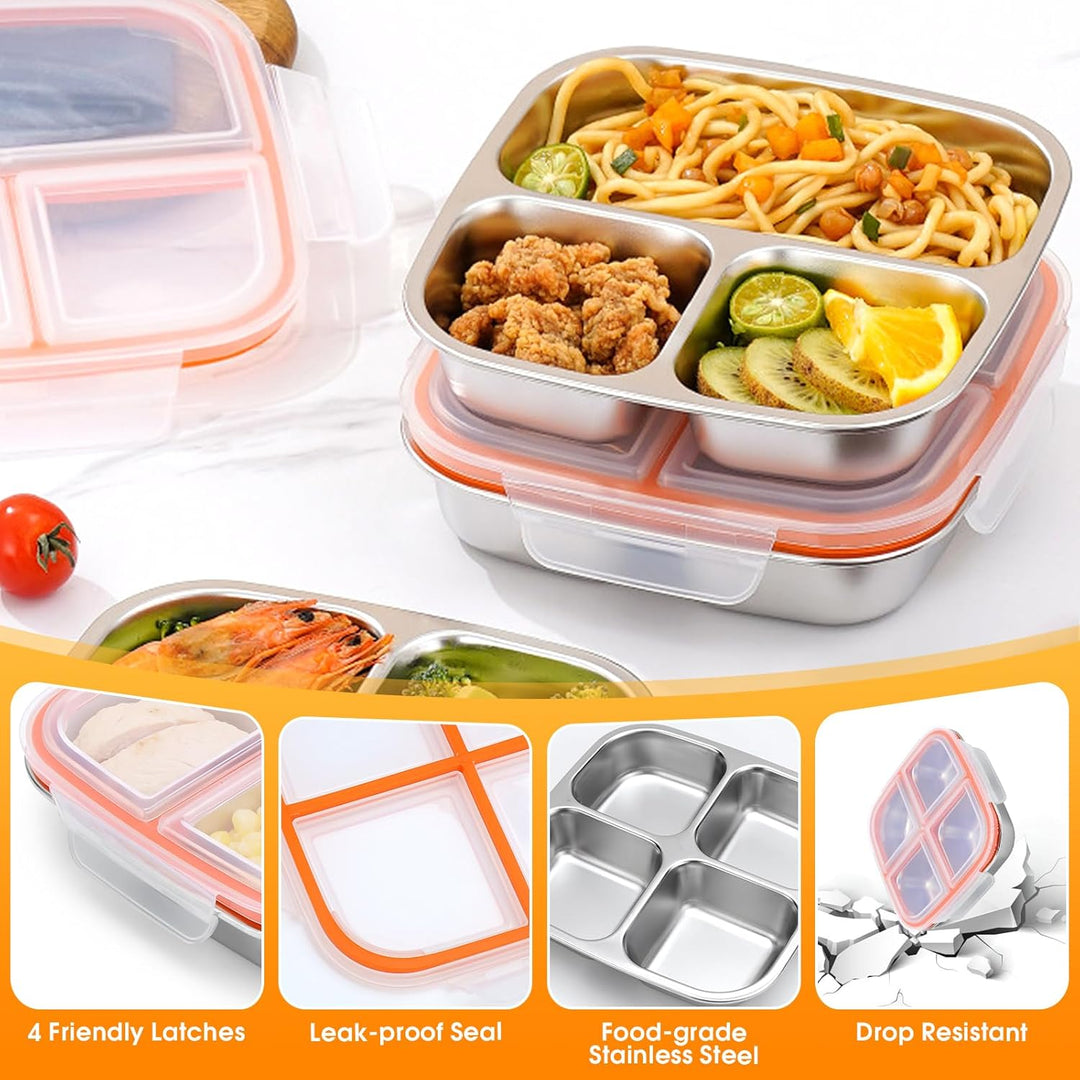 Snackbox mit 4 Fächern 2 Stück Edelstahl Brotdose 600ML Leckdichte Snackdose mit Deckel Wiederverwen