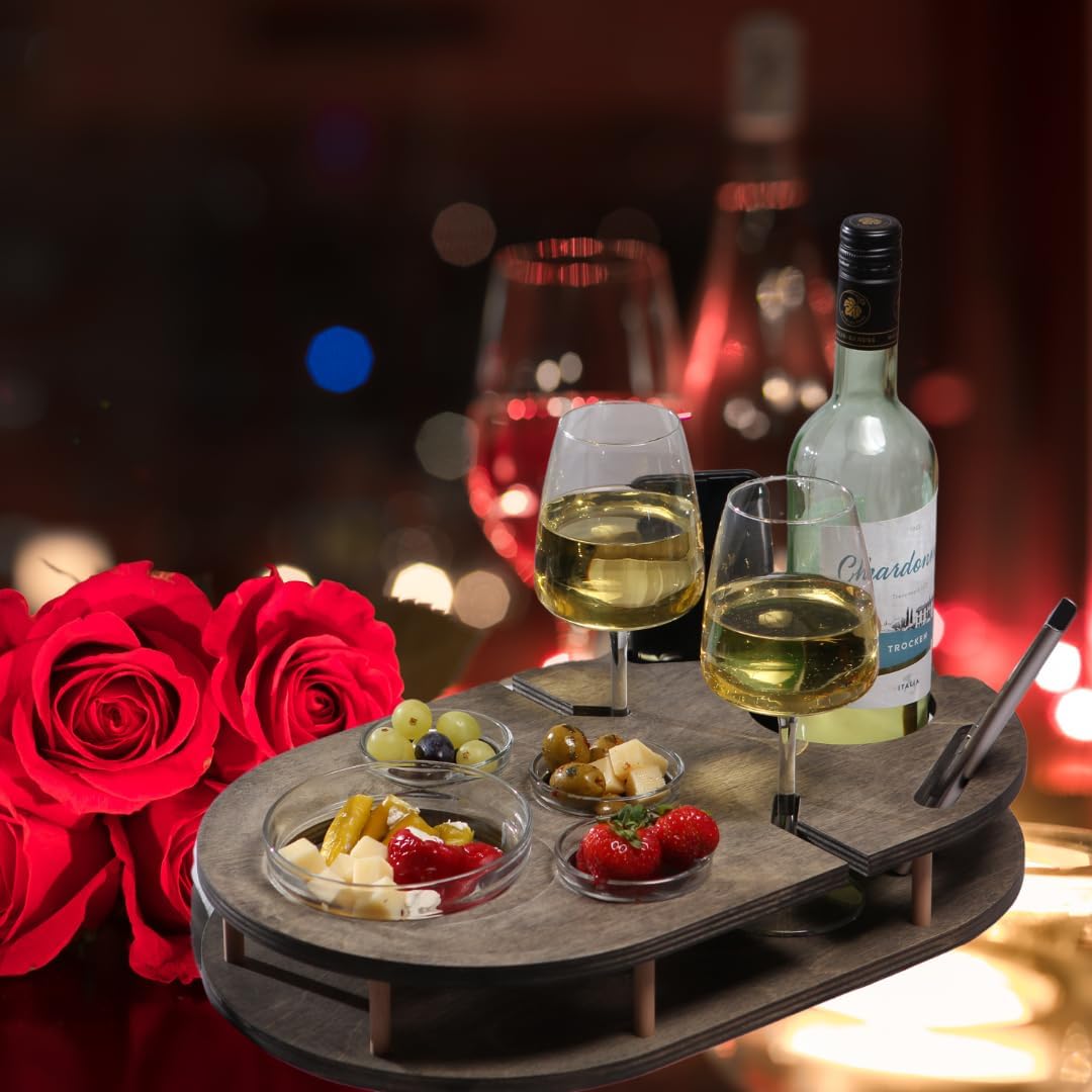 Couchbar Weinbar in grau mit 4 Glasschalen | Couch Tablett für Wein mit Getränkehalterung für Weingl