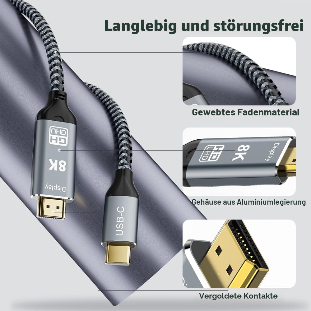 USB C auf HDMI 2.1 Kabel, 8K@60Hz 4K@240Hz Type C auf HDMI High Speed Kabel, HDR HDCP 2.3 Thunderbol