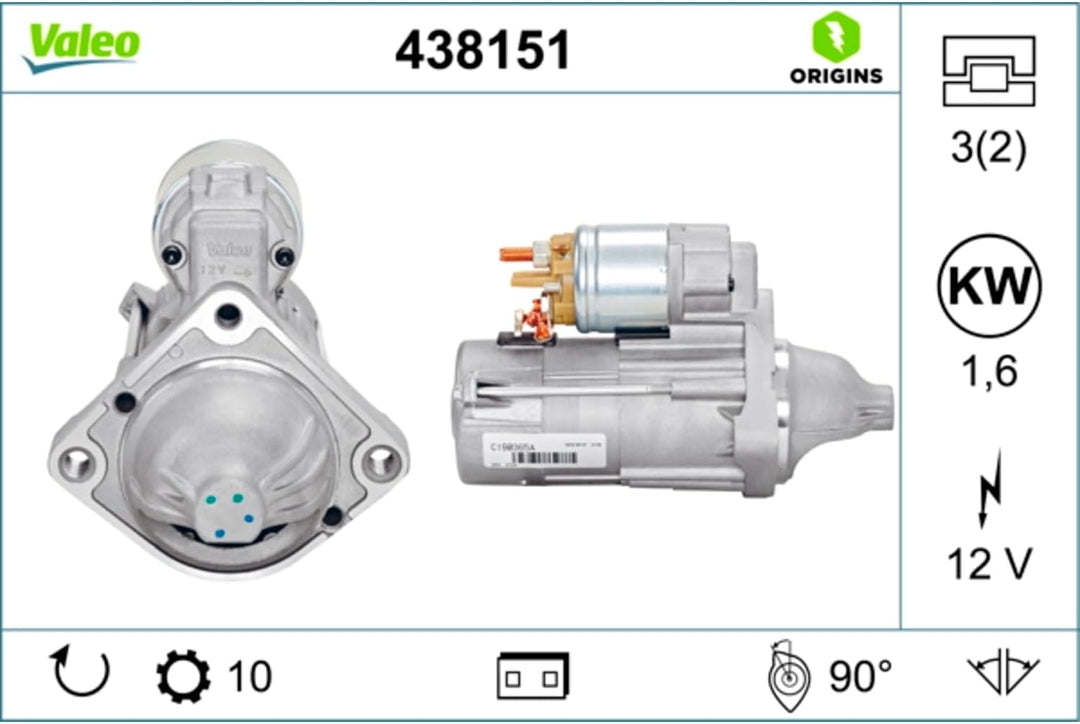 VALEO 438151 Starter Nennleistung: 1,6 kW Stop & Start: NO Zähnezahl: 10 zähne Spannung: 12 V Drehri