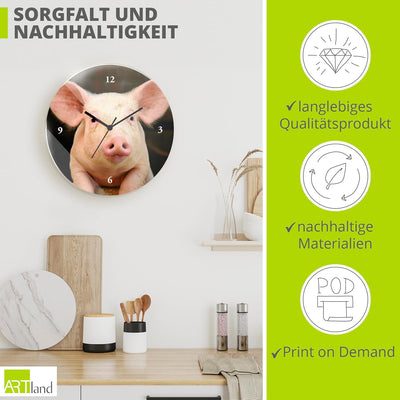 ARTLAND Wanduhr ohne Tickgeräusche Glas Quarzuhr Ø 30 cm Rund Lautlos Tiere Schwein Lustig Hipster A