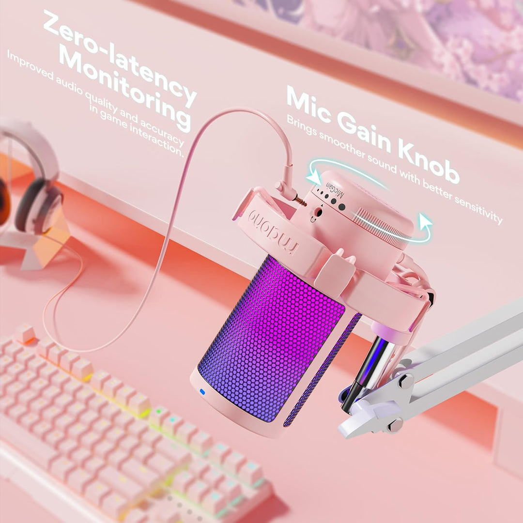 MAONO Gaming Mikrofon Rosa mit Geräuschunterdrückung, Computer PC Kondensatormikrofon mit RGB-Licht,