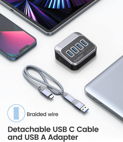 ORICO USB C Hub, 4 Port USB Verteiler, USB 3.2 GEN 1 Hub mit 0,5m 2 in1 USB Kabel, USB Splitter für