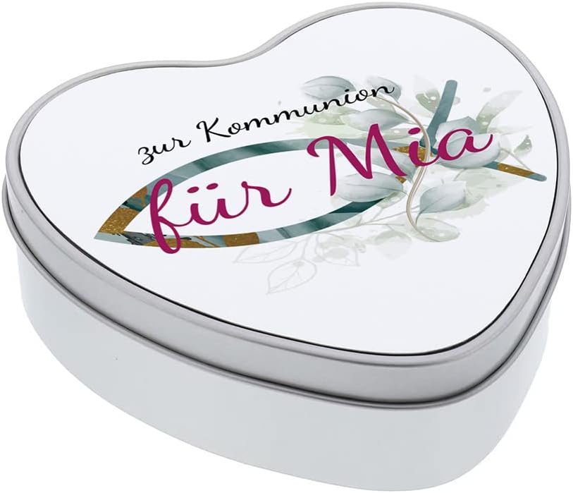 STEMPEL-FABRIK – personalisierbare Herzdose mit Name oder Wunschtext – Aquarell Motiv mit grünem Fis