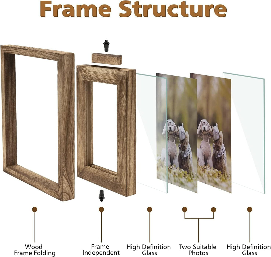 Emfogoo Bilderrahmen 10x15, Rustikal Holz 3 Falten Fotorahmen mit Doppelseitigem Display Drehbar Bil