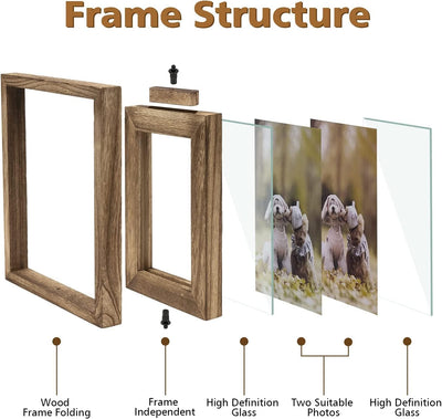 Emfogoo Bilderrahmen 10x15, Rustikal Holz 3 Falten Fotorahmen mit Doppelseitigem Display Drehbar Bil