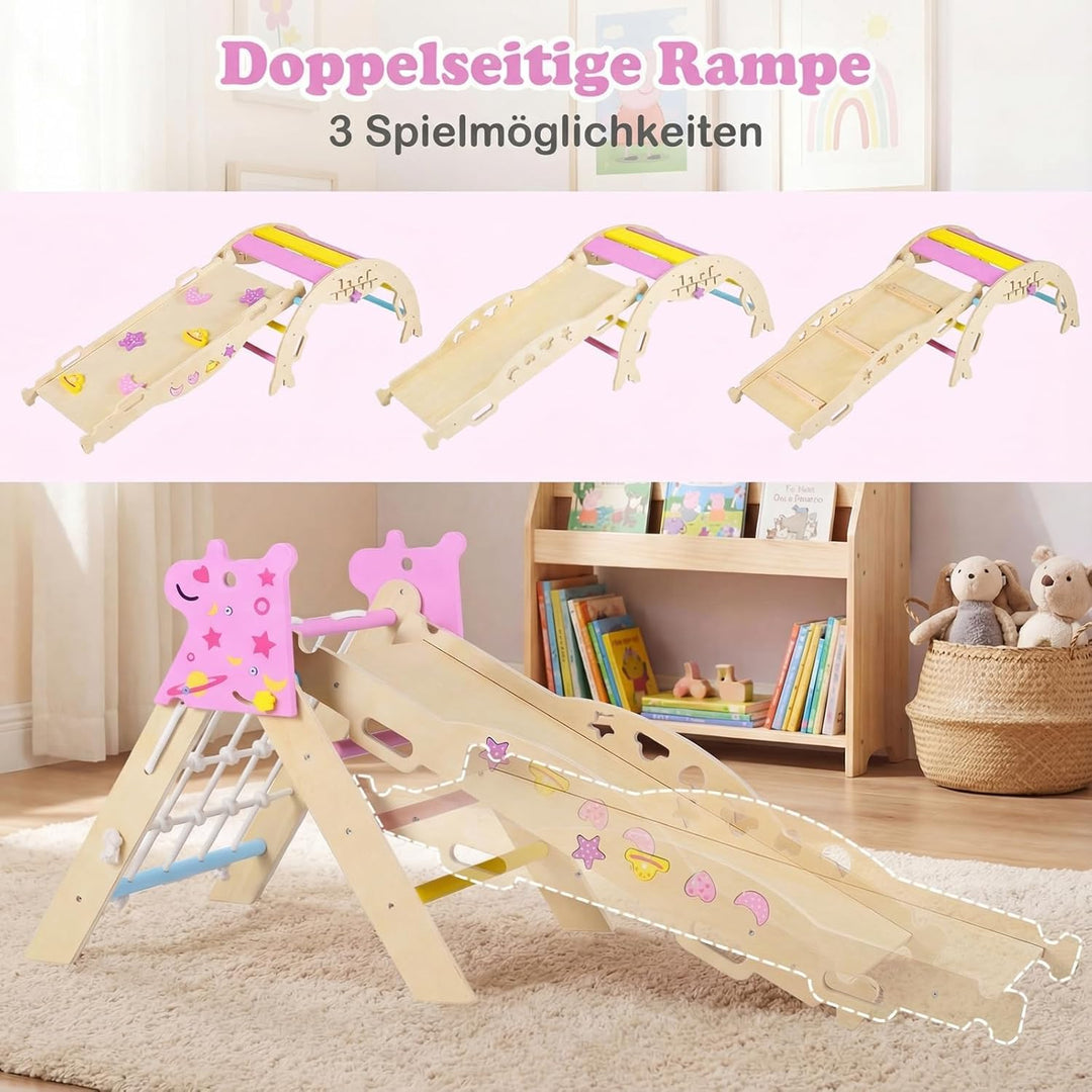 COSTWAY Klettergerüst Indoor 3er Set, klappabres Kletterdreieck mit Rutsche, Kletterbogen, Netz, ink