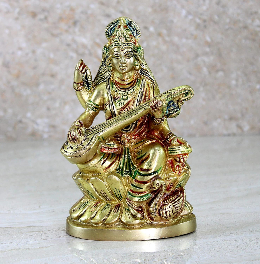 Saraswati Maa Murti Idol Statue aus Messing für Heimdekoration und Tempel, 24,8 cm, Mehrfarbig (Gold