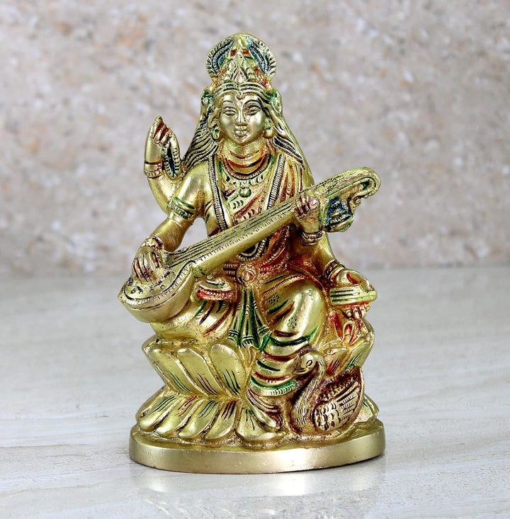 Saraswati Maa Murti Idol Statue aus Messing für Heimdekoration und Tempel, 24,8 cm, Mehrfarbig (Gold