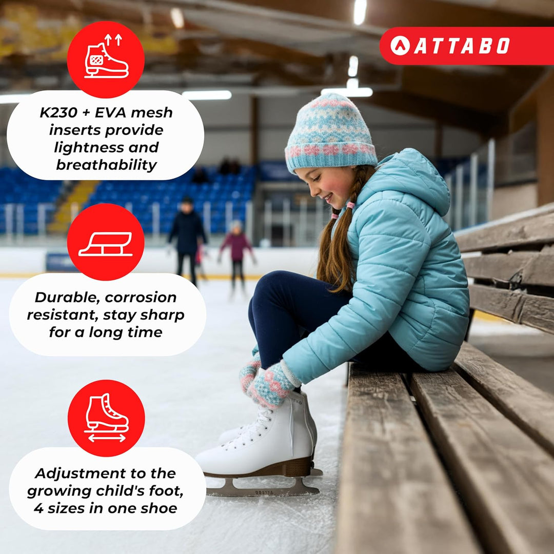 ATTABO OLI Kinder Eiskunstlauf-Schlittschuhe, verstellbar, Weiss – Edelstahl-Figurkufe mit Toe Pick,