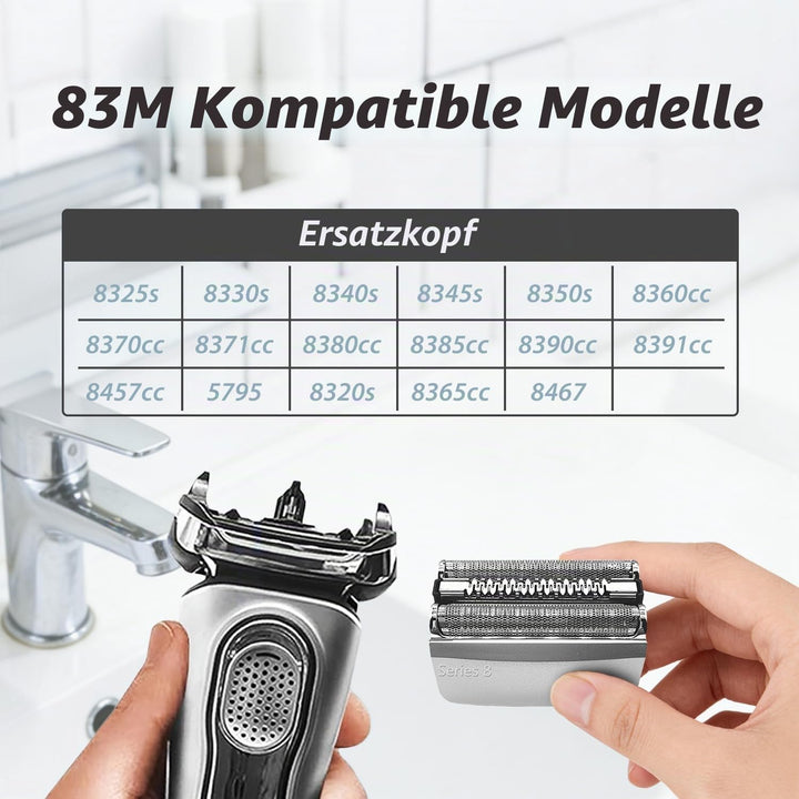 2er Pack 83M Ersatzscherköpfe, Kompatibel mit Braun Series 8 (8370cc, 8340s, 8350s) – Silber, Kompat