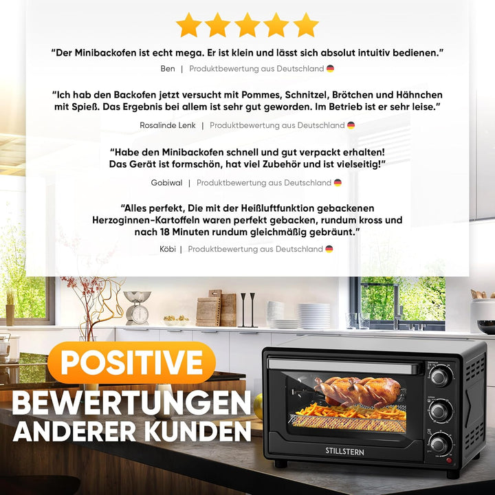 Stillstern Minibackofen mit Umluft (25L, DE Version, inkl. Frittierkorb) Auftauen, 2 Std. Timer, Ofe