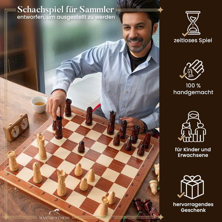 Master Of Chess Schachset Castle Deluxe XXL 60 x 60 cm aus Holz Jedes Schachstück handgeschnitzt !