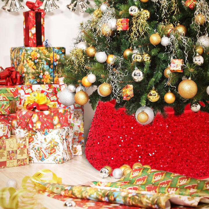 Weihnachtsbaumrock-Dekorationen, 60 cm Weihnachtsbaumrock Baumkragen Rot Glitzernd Weihnachtsbaum So