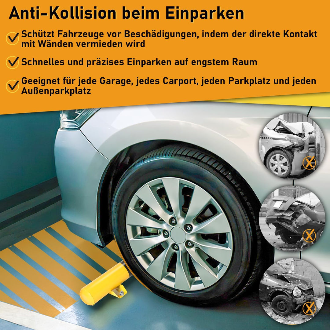 Fiqops Radstopper 2 x Metall Stahlrohr-Parkstopper Parkplatzbegrenzung, Schwarz-Gelb mit Reflexionss