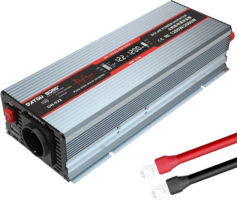 DATOUBOSS 1200W Wechselrichter 12V Auf 230V Reiner Sinus Spannungswandler Spitzenleistung 2500W Mit