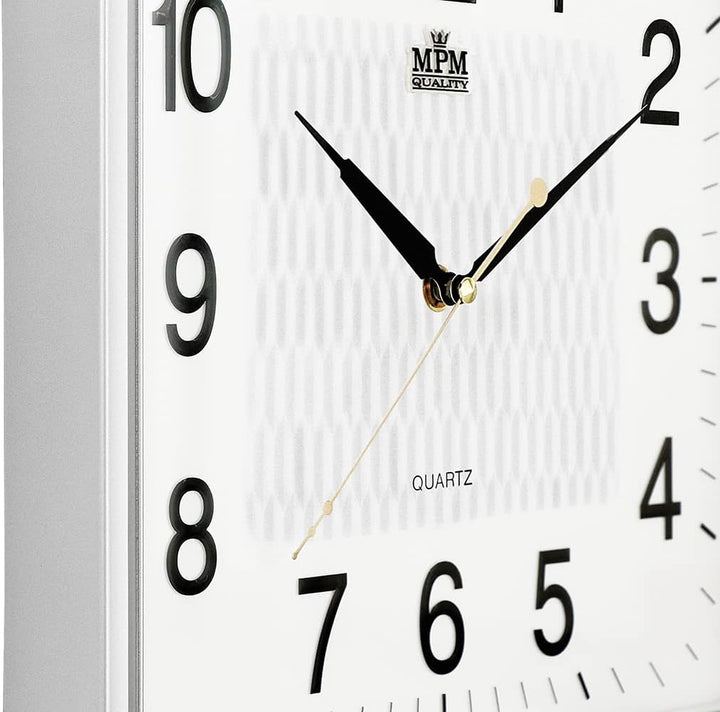 MPM Quality Quadratische Kunststoff-Wanduhr Weiss/Silber, Wanddekoration, Quarz-Uhrwerk, Reibungslos