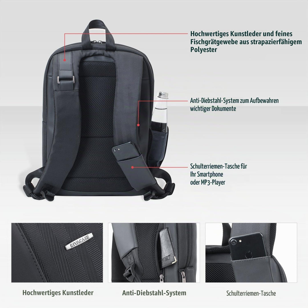 RIVACASE leichter Laptop Rucksack bis 14 Zoll – Stadtrucksack aus Polyester und Kunstleder mit extra