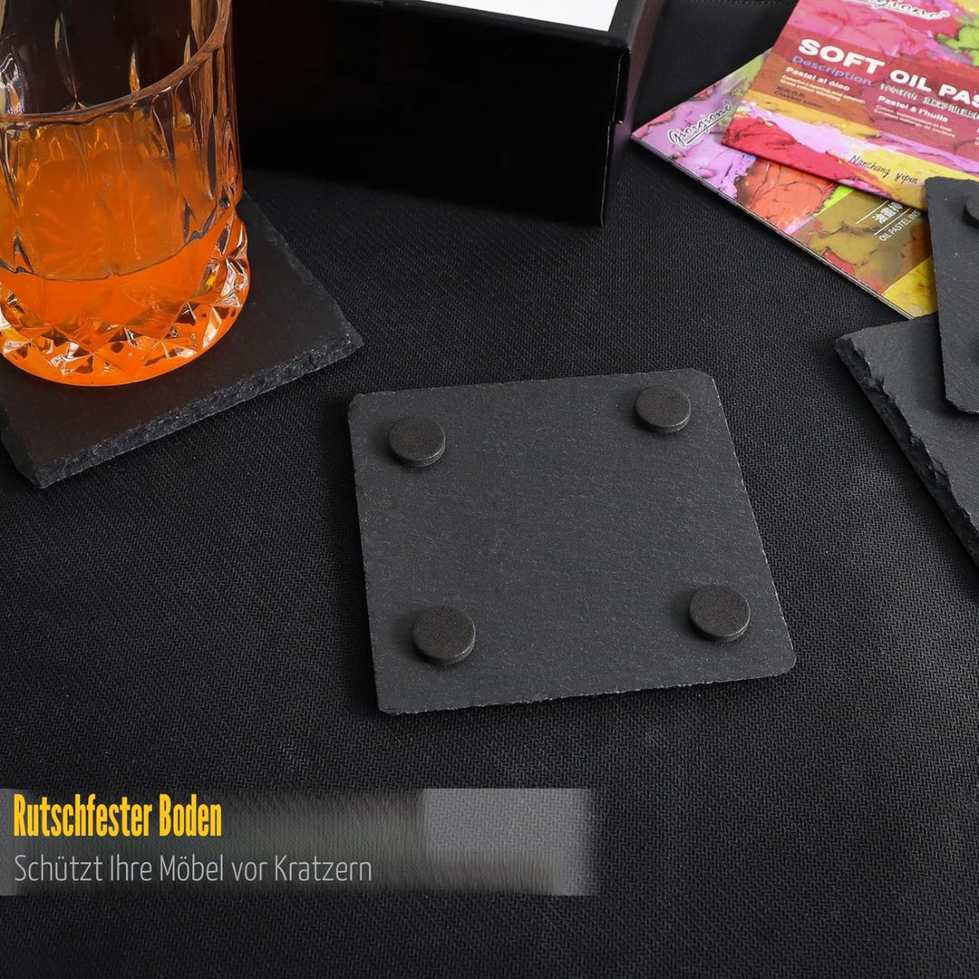 Getränkeuntersetzer mit Halter, VIBRATITE 10,2 cm schwarzer Schieferstein mit kratzfester Unterseite