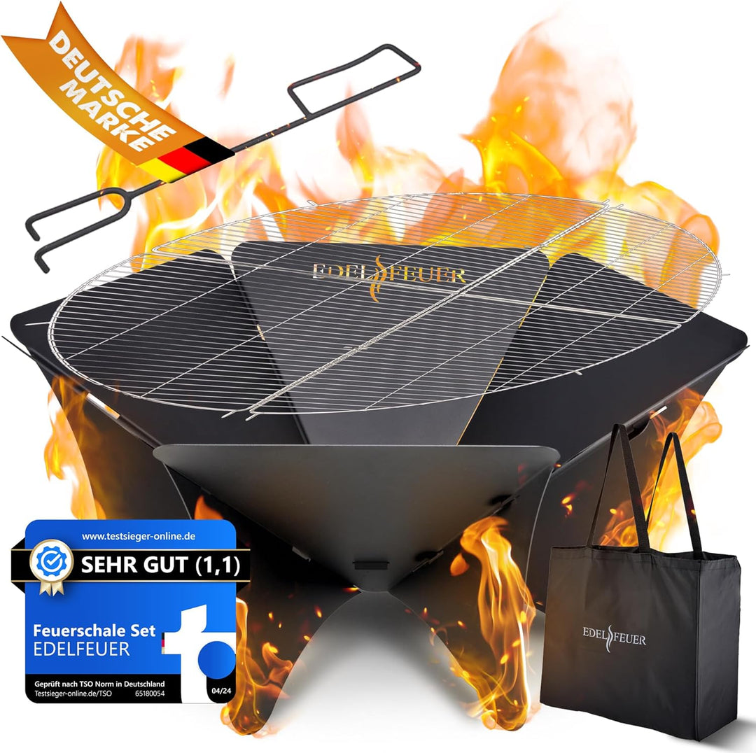 EDELFEUER Feuerschale Faltbar + GRATIS Grillrost - Leichter Aufbau - Ø 80cm [Ultra Stabil] Feuerkorb