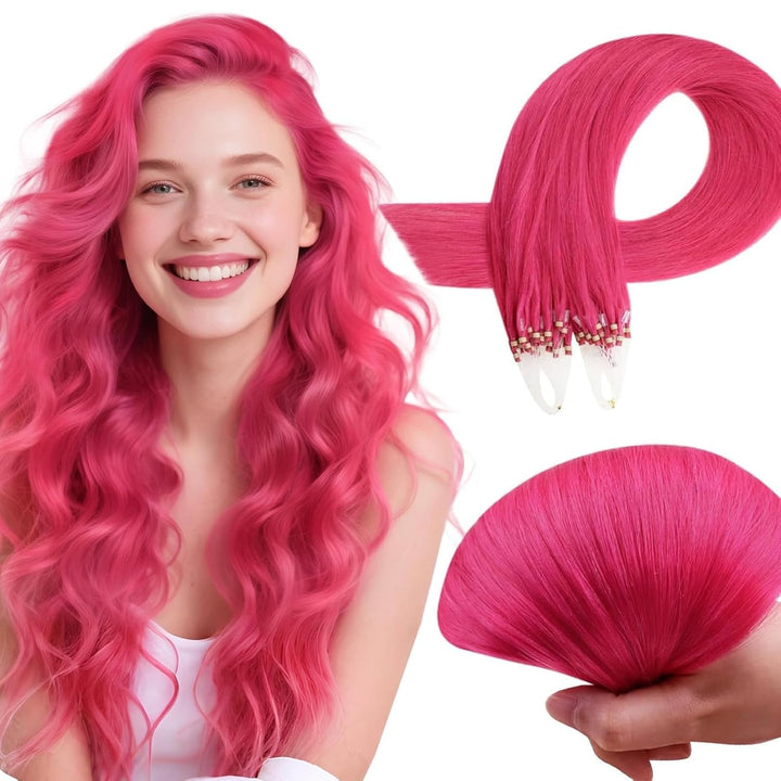 RUNATURE Pink Microring Echthaar Extensions 45cm Menschlich Haarextensions Microring 25 Strähnen Pin