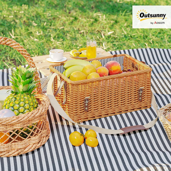 Outsunny Picknickkorb aus Weidenholz Picknickkoffer für 4 Personen mit Picknickdecke Besteck Set, Fl