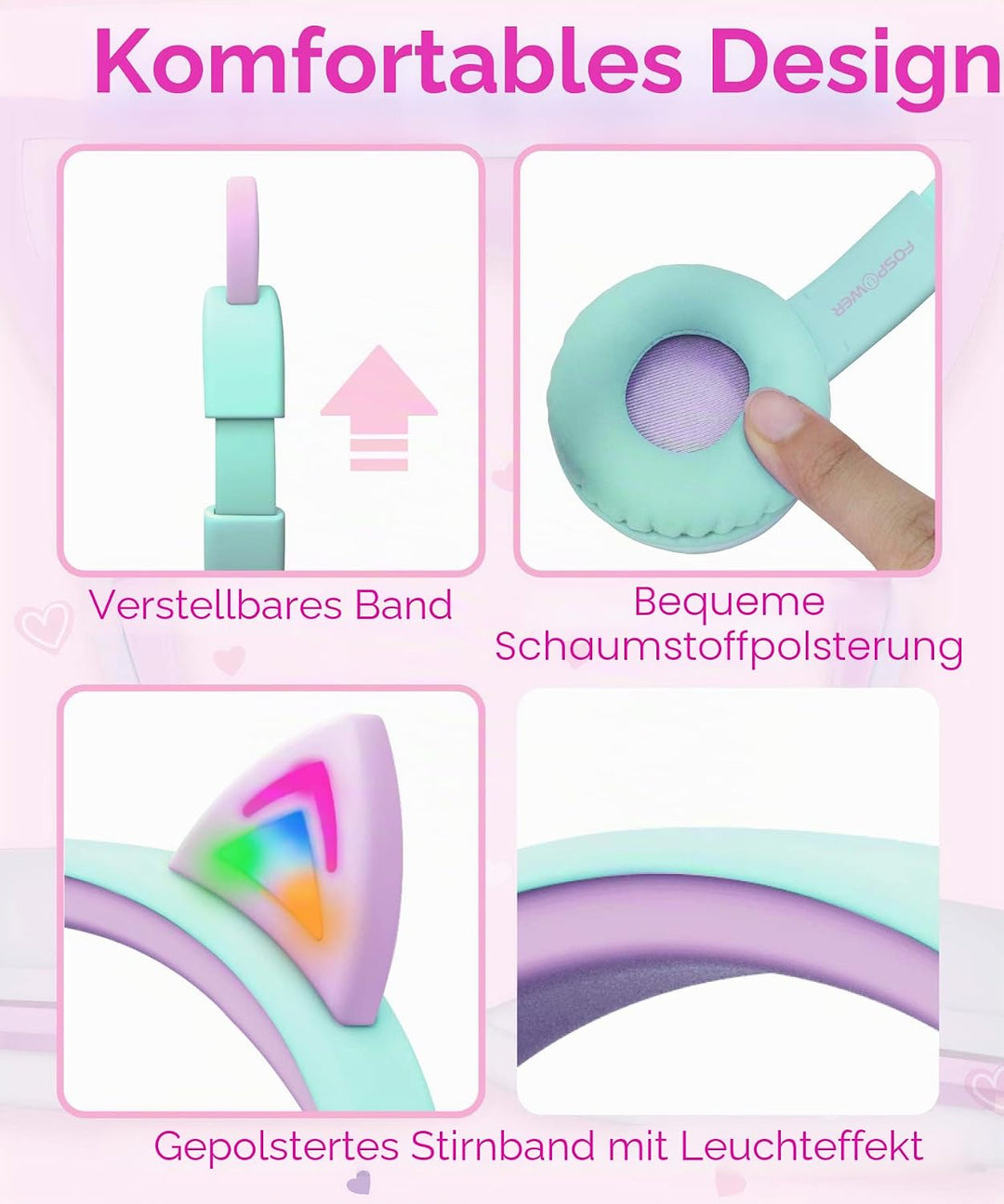 FosPower - Kopfhörer Kinder mit LED leuchten Katzenohren | 3,5mm On Ear Audio Kopfhörer für Kinder m