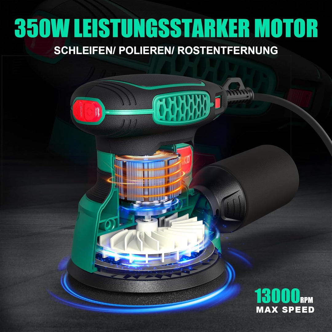 SORAKO Exzenterschleifer 350W 125MM - 6 Geschwindigkeiten,16 Schleifpapiere inklusive, mit Staubsamm
