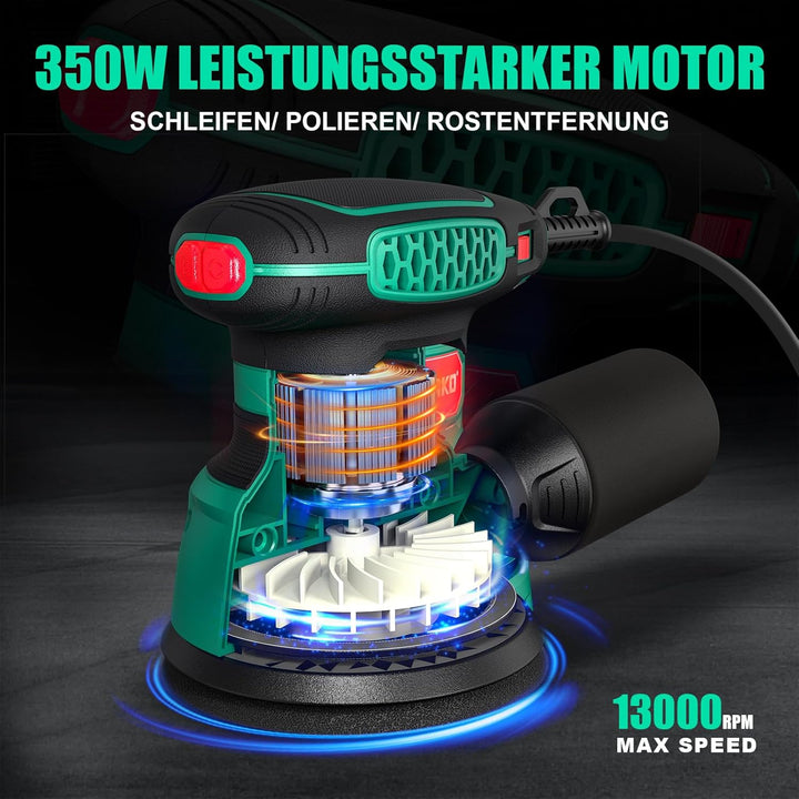 SORAKO Exzenterschleifer 350W 125MM - 6 Geschwindigkeiten,16 Schleifpapiere inklusive, mit Staubsamm