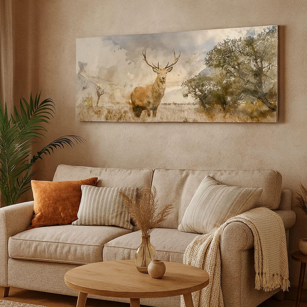 Panorama Bilder auf Leinwand 100x40cm Leinwandbild mit Rahmen rotwild natur Gross Wanddeko Bild Schl