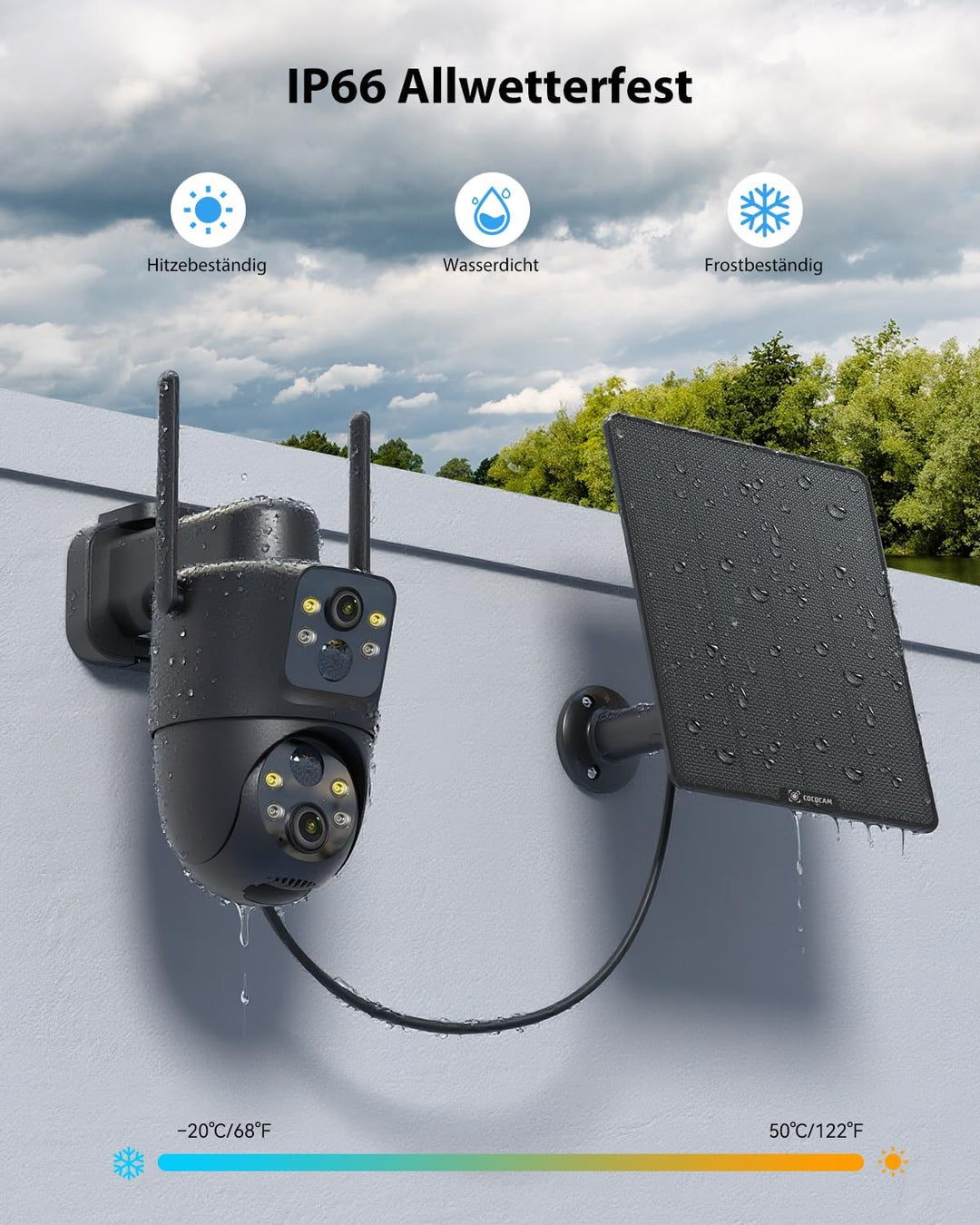 COCOCAM 2K Dual Objektiv Überwachungskamera Aussen WLAN Solar, 10000mAh Akku, 6W Solarpanel, Duale P
