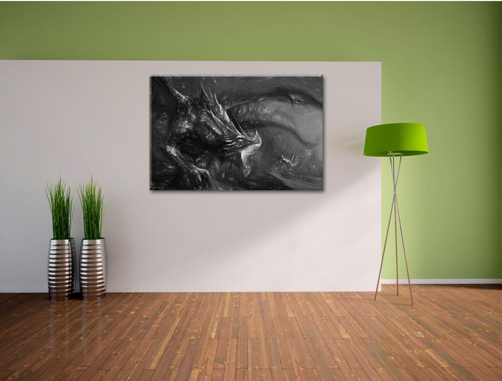 Pixxprint Kampf zwischen Mensch und Drache Kohle Zeichnung Effekt, Format: 100x70 auf Leinwand, 100x