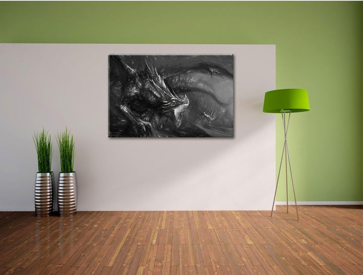 Pixxprint Kampf zwischen Mensch und Drache Kohle Zeichnung Effekt, Format: 100x70 auf Leinwand, 100x