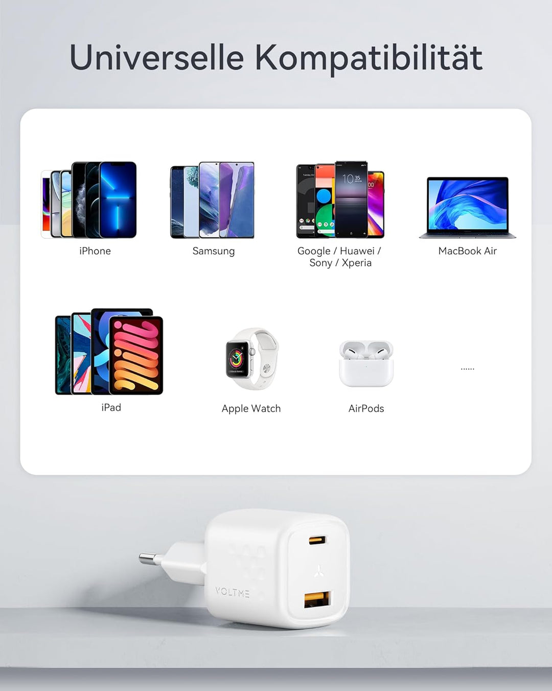 VOLTME 30W USB C Ladegerät 2-Port Ladestecker Schnellladegerät Weiss Dual-Port USB C PD 3.0 & QC 3.0