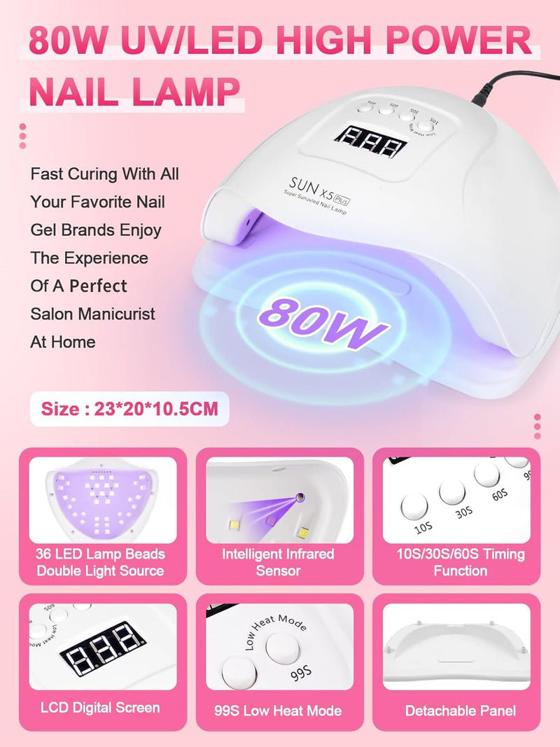 Acryl Nagelset Nägel Selber Machen: Gelnägel Set mit UV Lampe 80W Elektrische Nagelfräser - 3 Farbe