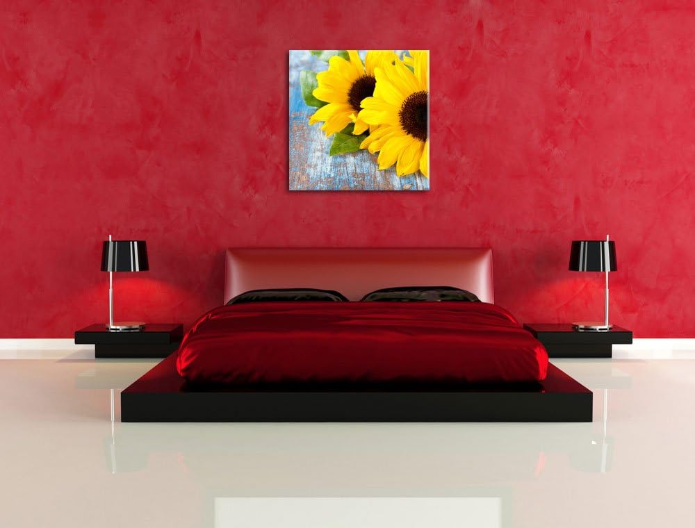Pixxprint Sonnenblumen auf Holztisch als Leinwandbild/Grösse: 70x70 cm/Wandbild/Kunstdruck/fertig be