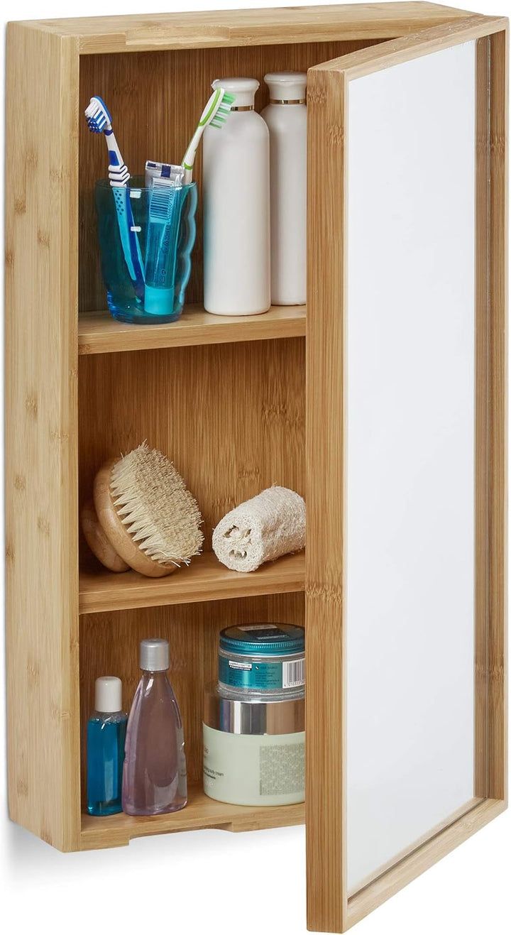 Relaxdays Bad Spiegelschrank aus Bambus, eintüriger Badezimmerschrank mit Spiegel, zusammengebauter