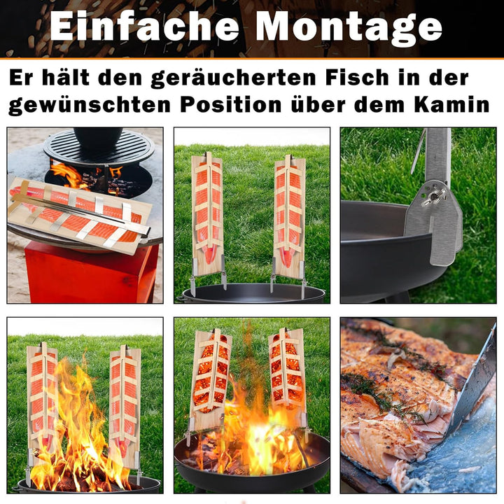 Flammlachsbrett 2er Set, Lachsbretter zum Grillen aus Zedernholz mit Edelstahlhalterung, 5 Winkelstu