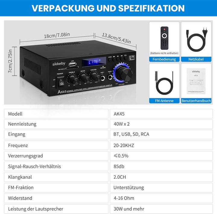 HiFi-Verstärker AK45 Mini Bluetooth Stereo-Audioverstärker Receiver 12V/ 220V 400W 2 Kanäle Digitale