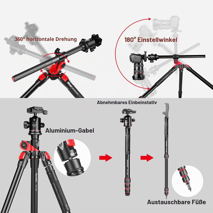 Kamerastativ Manbily 178cm 70" Horizontale Überkopf 360° Aluminium Stativ Einbeinstative Drehbarer M
