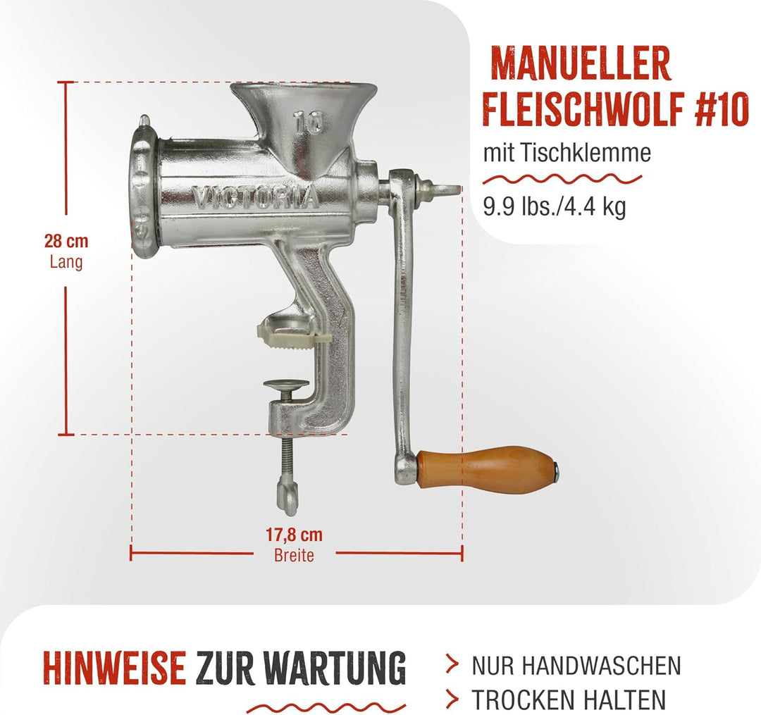 Victoria Manueller Fleischwolf, Wurstfüller, Wurst, Chorizo, Wurstwolf, Gusseisen, Grösse 10, Fleisc