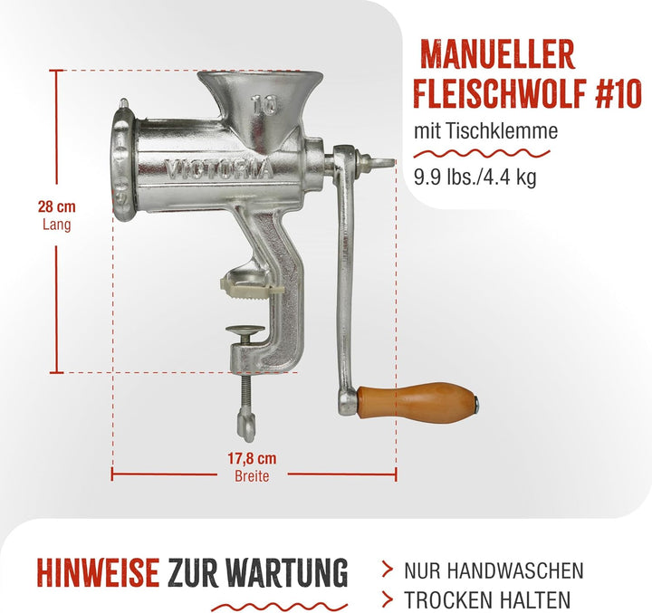 Victoria Manueller Fleischwolf, Wurstfüller, Wurst, Chorizo, Wurstwolf, Gusseisen, Grösse 10, Fleisc