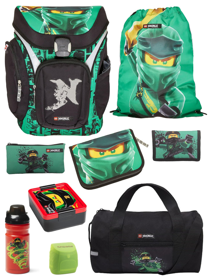 Familando - Schulranzen Set 9-teilig mit Sporttasche - Ninjago Grün - Ergonomisch, stabil & mit gepo