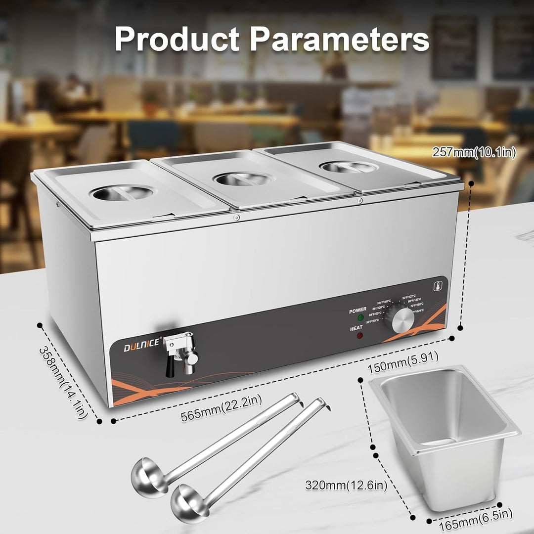 DULNICE Bain Marie Speisewärmer Elektrische Edelstahl 1500W 3 GN-Behältern Wasserbad mit Ablaufhahn,