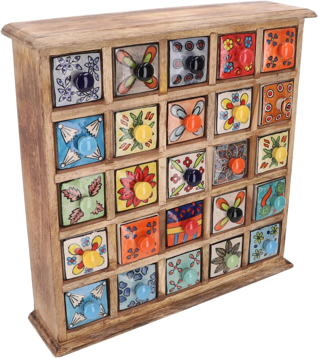 GURU SHOP Apothekerschränkchen mit Bunten Keramik Schubfächern - 5x5 Fächer, Braun, 40x38x10 cm, Dos