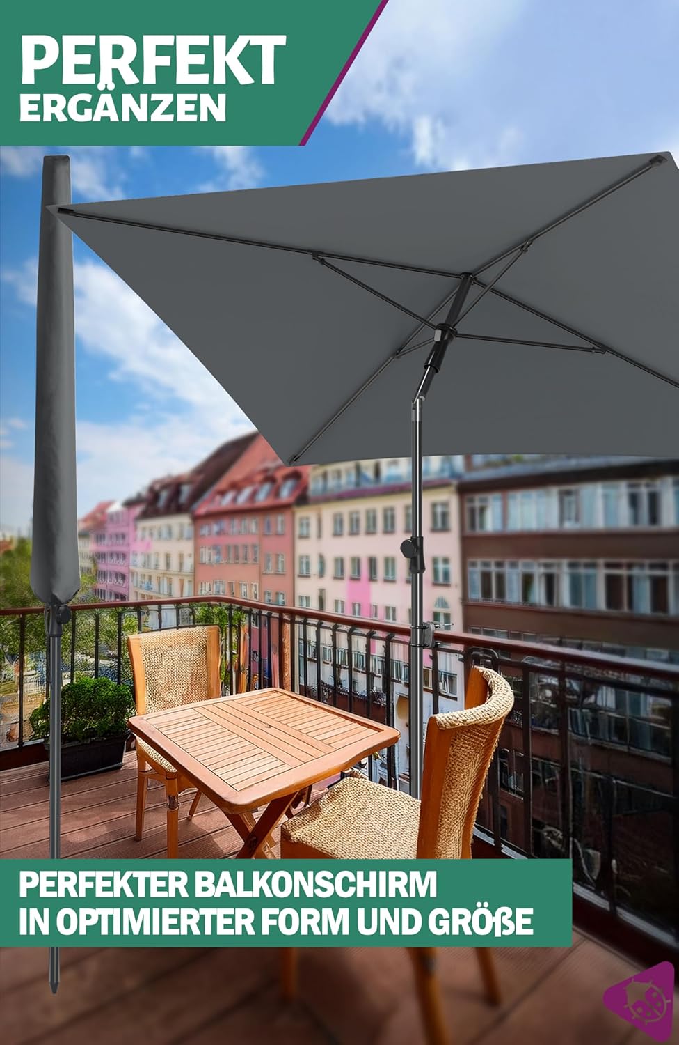 Menz Sonnenschirm Balkon Anthrazit, inkl. Sonnenschirmhülle - UPF 50+ Sonnenschirm rechteckig 190 x
