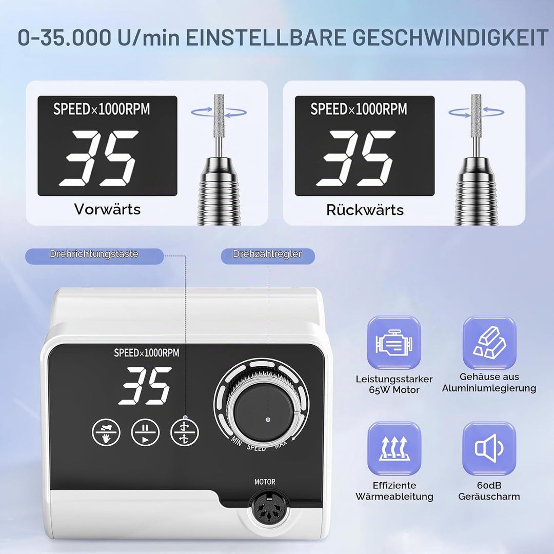 Professionelle Elektrische Nagelfräser, 35000 U/Min Maniküre Pediküre Set mit 6 Fräser, LED Display