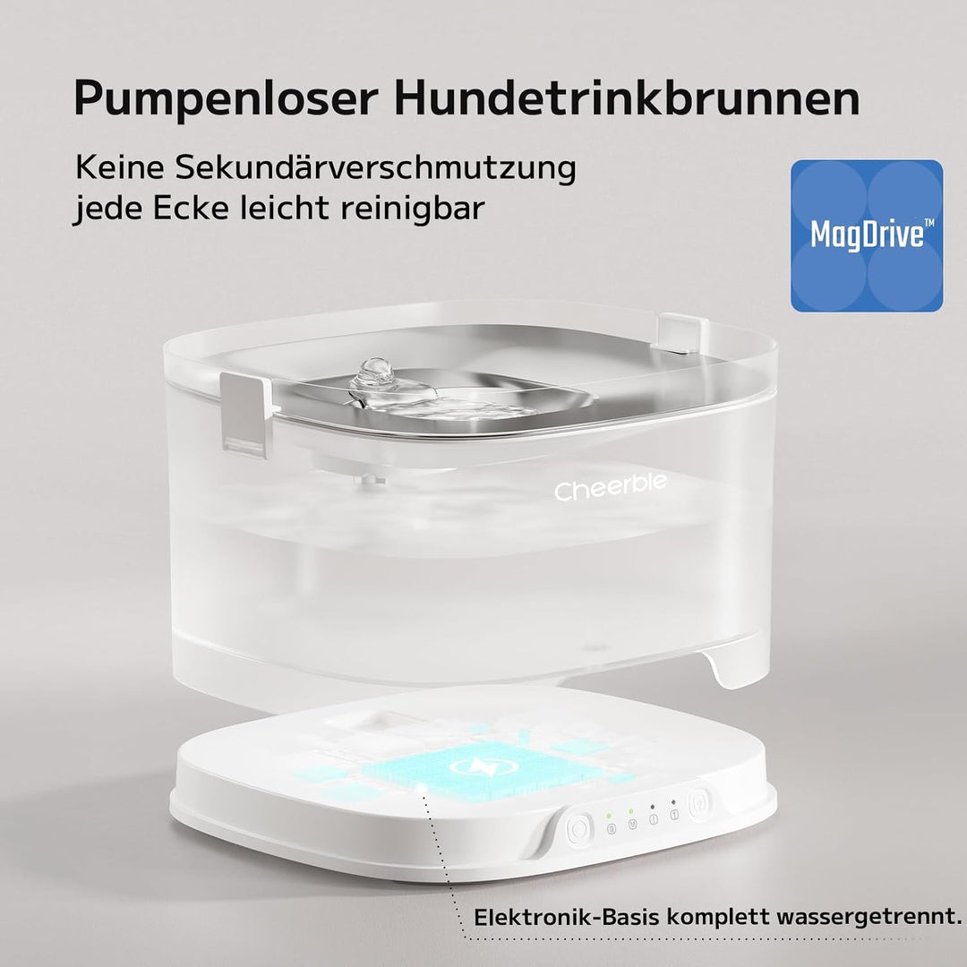 Cheerble D1 Pro Trinkbrunnen für Hunde, kabelloser Wasserspender Hund, pumpenlos mit MagDrive™ Techn