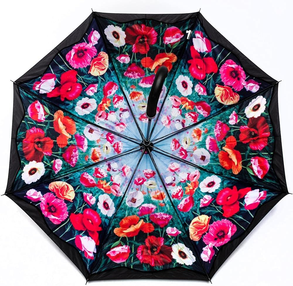 LUCKYWEATHER Regenschirm Stockschirm Damen Motiv Mohnblumen Auf-Automatik Double Layer I Stockregens